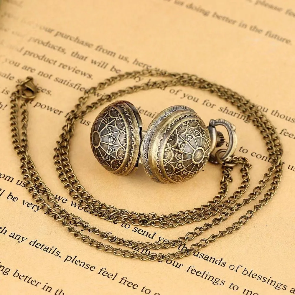 10pcs/lot Pocket Watch Steampunk Bronze Ball Shape Full Hunter Bronze Copper Wing Modern Web Pattern Womens Kids Necklace Chain