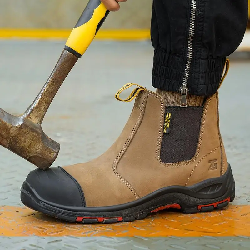Luxury High-top Men's Safety Shoes Cowhide Boots Lace Free Steel Toe Anti Impact Anti Puncture Wear Resistant Plus Size Shoes image 3