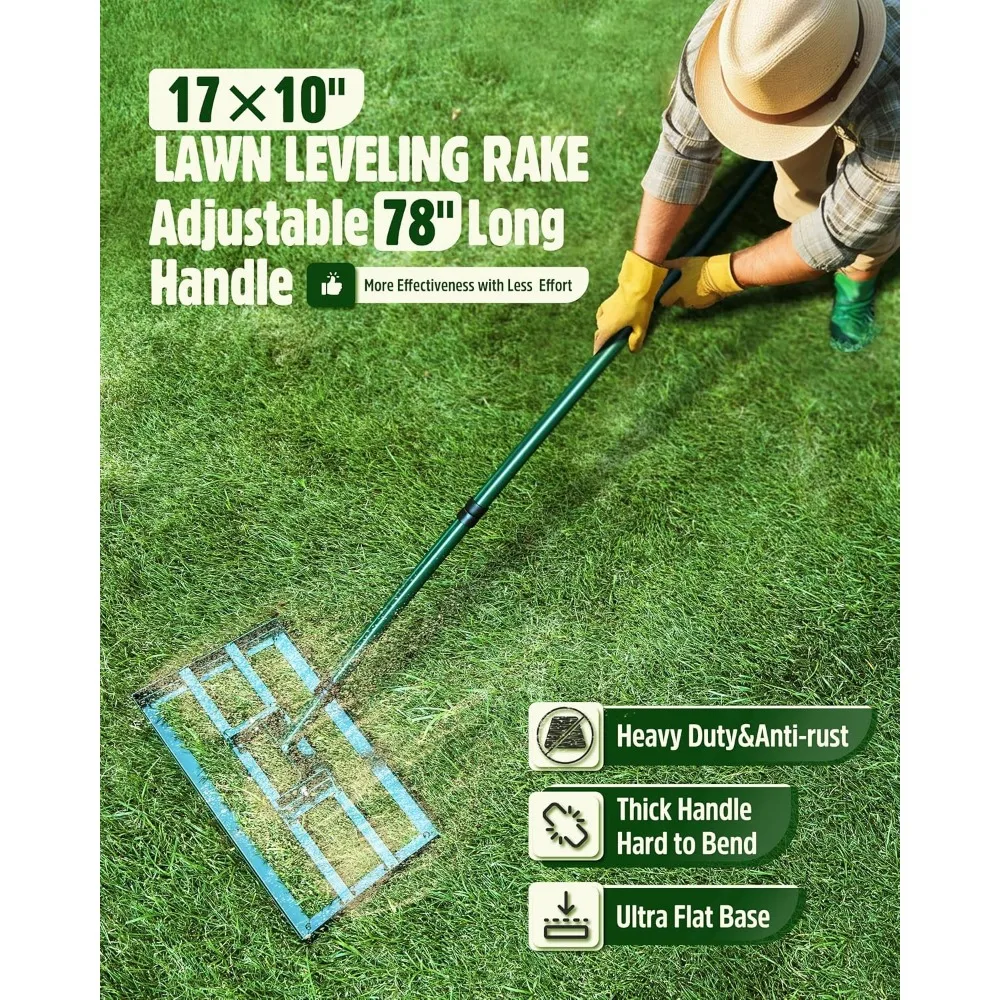 Lawn Leveling Rake,Stainless Steel Lawn Leveler with Ground Plate, 78” Adjustable Long Handle, Level Yaed Tool for Grass