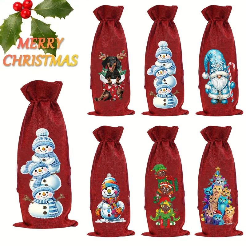 1 DIY-Weinbeutel-Set mit Diamantmalerei, für Welpen/Weihnachten, Schneemann-Muster, Kristall-Diamant-Kunst-Weinbeutel, Neujahrsgeschenk