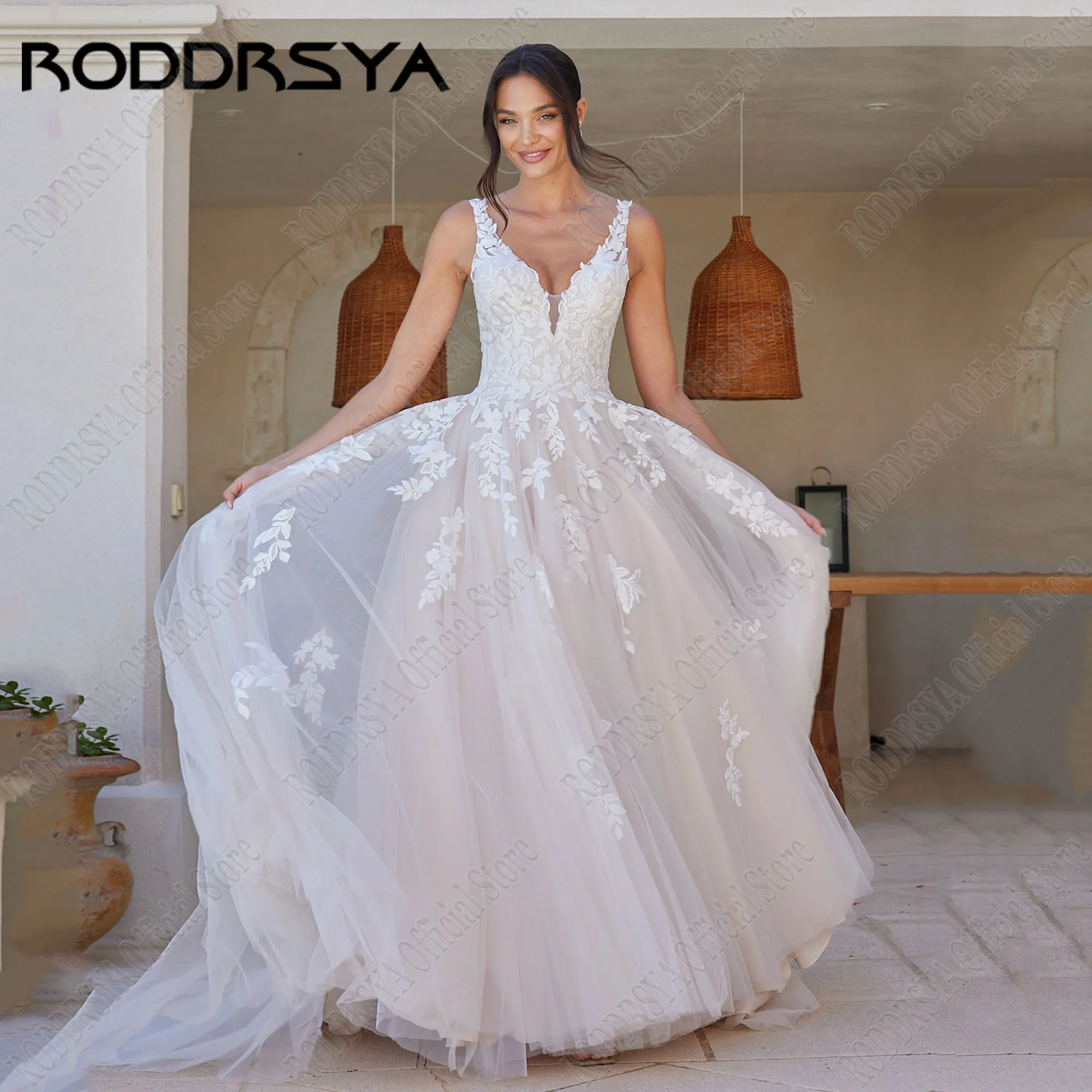 

RODDRSYA Sleeveless Applique Wedding Dress V-Neck A-Line Lace Backless Bride Gowns Spaghetti Straps Custom Vestidos De Novia