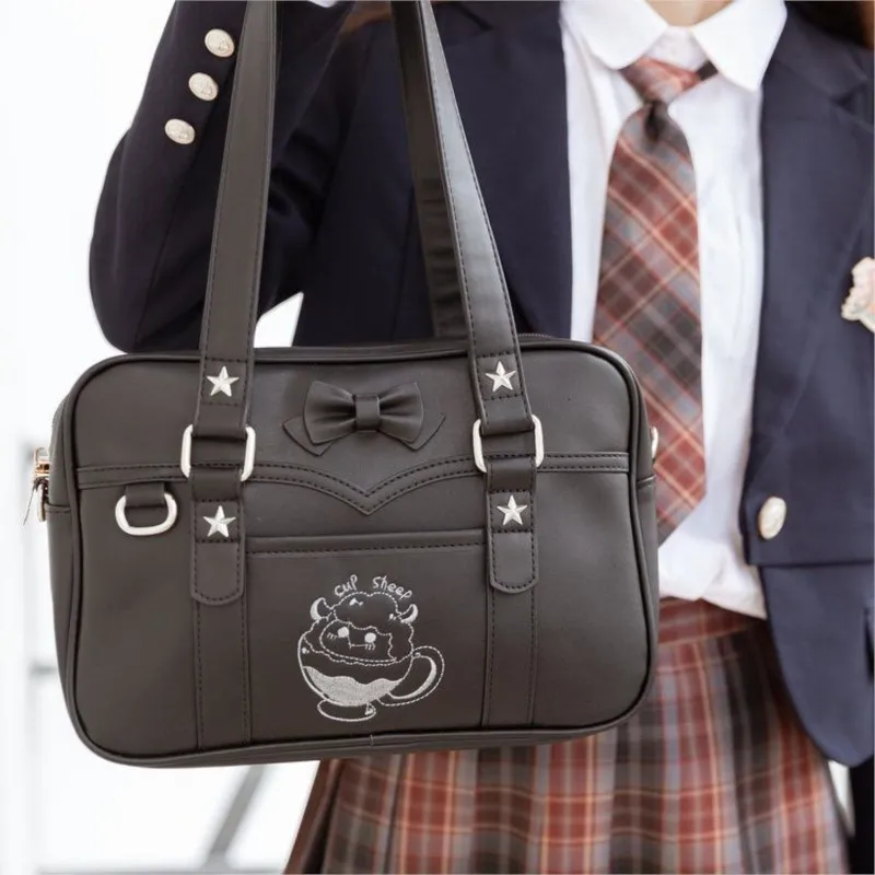 الحلو لطيف القوس حقائب كتف المرأة جلدية سعة كبيرة حقيبة يد أفقية المرأة اليابانية Harajuku التطريز حقائب كروسبودي #3