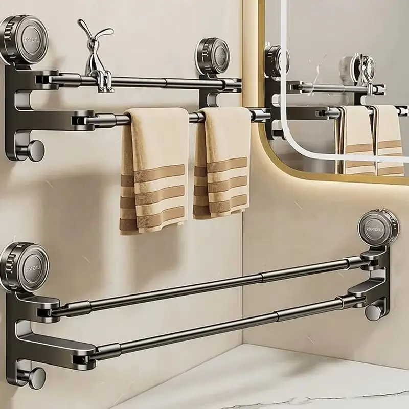 Adjustable Suction Cup Towel Holder Bathroom Hand Towel Rack Wall Mount No Drill Mount 50-85cm Towel Bar Aluminium with Hook