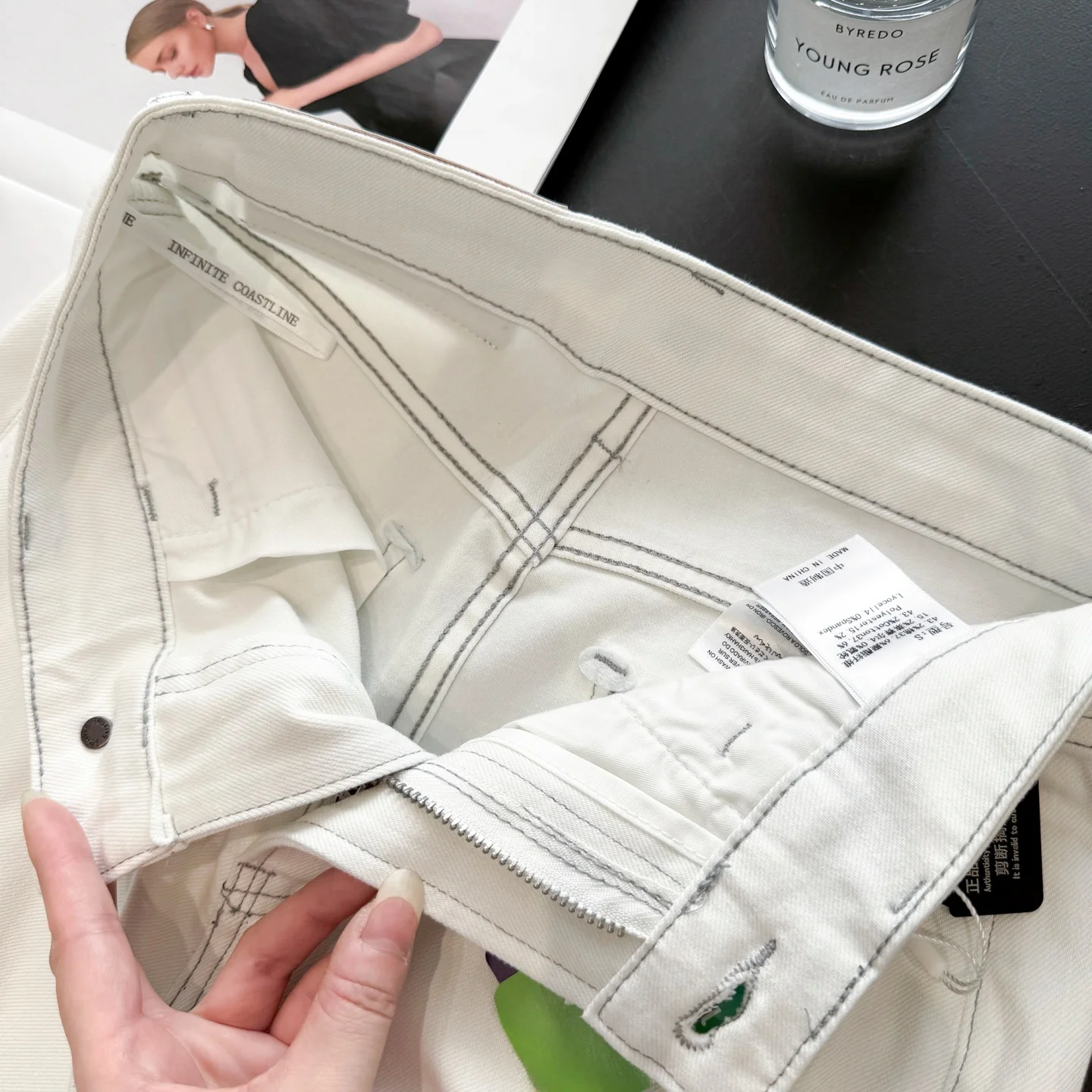 Retro High Waist Silk Denim Straight Leg Tubular Pants Color Block Stitching Ladies Stretch Jeans Four Directional Elastic