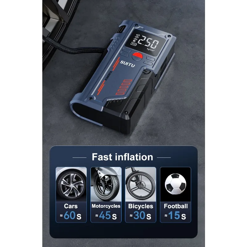 Digitales Display Auto-Starthilfegerät mit Luftkompressor, Tragbarer 12V Auto-Batterie-Booster, Reifenfüllpumpe, Notfall-Powerbank mit LED-Licht für Fahrzeuge, Motorräder, SUVs