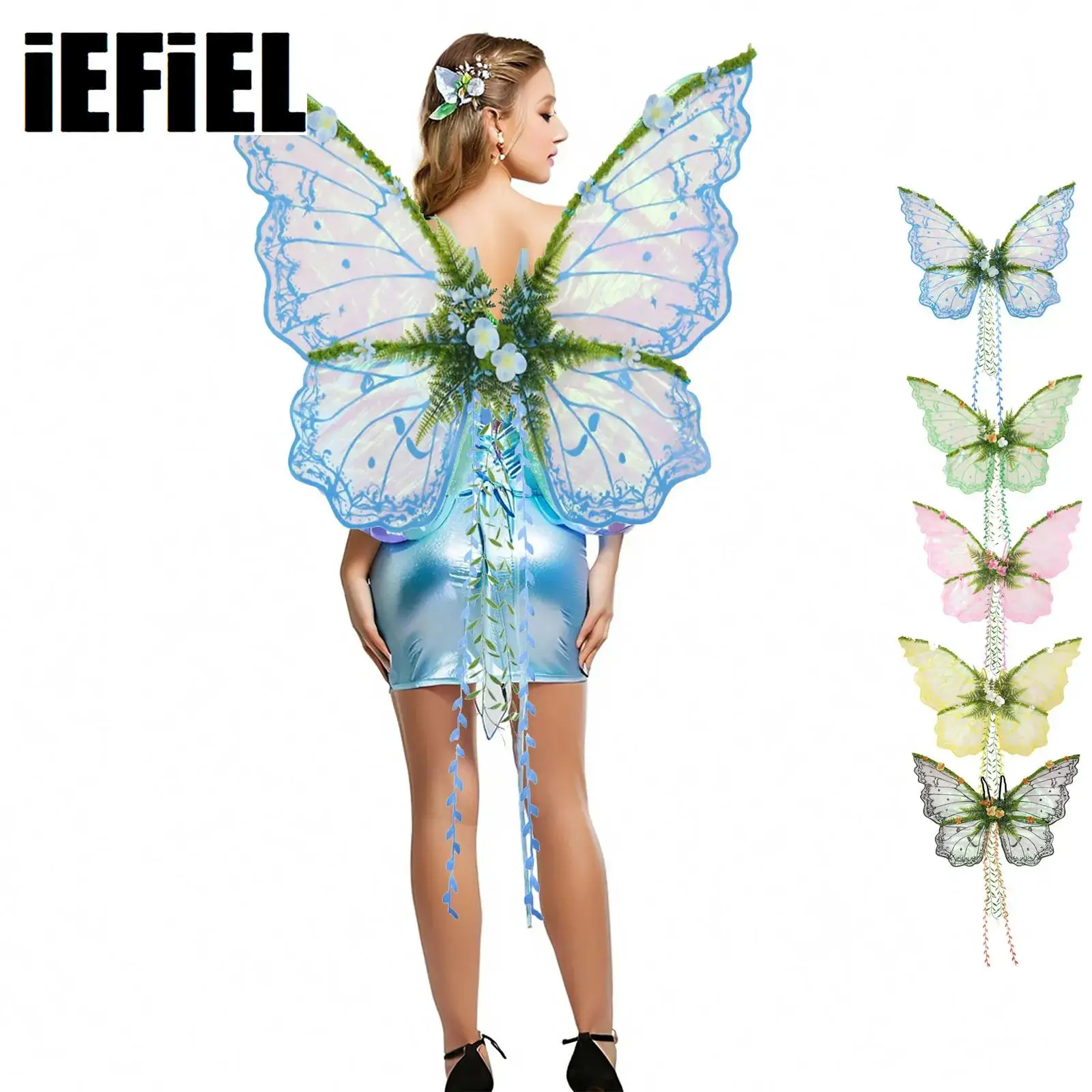Fairy Wings Butterfly Wings with Flowers Leaves Vines Decor for Women Forest Elf Princess Halloween costume Dress Up Accessories