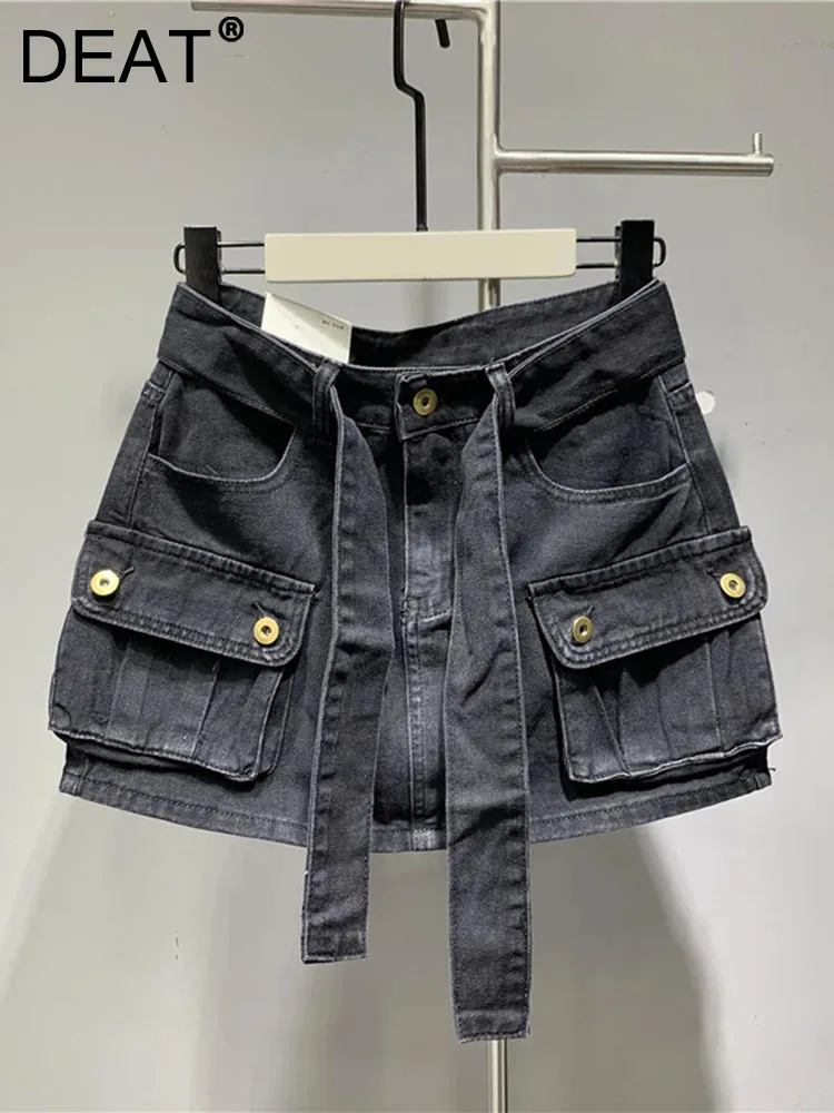 DEAT Fashion Belt Bandage Denim Mini Skirt Women Patchwork Pocket Cargo Wrap Hip Skirts Female Trend 2023 Spring New 11XX01119