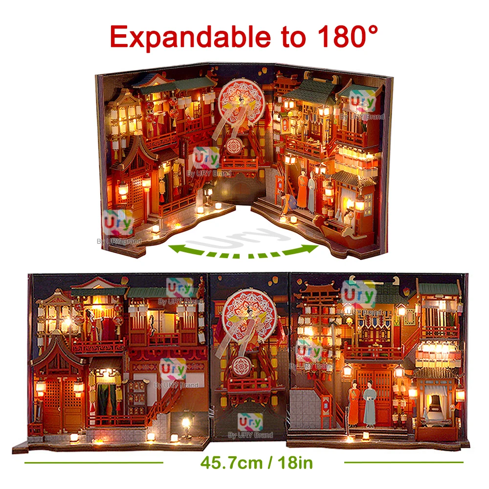 Ury 3D Wooden Puzzle LED Ancient Tang Dynasty Chinese Street View Book Nook Chinatown Luxurious Tavern Retro Shelf Insert Gift