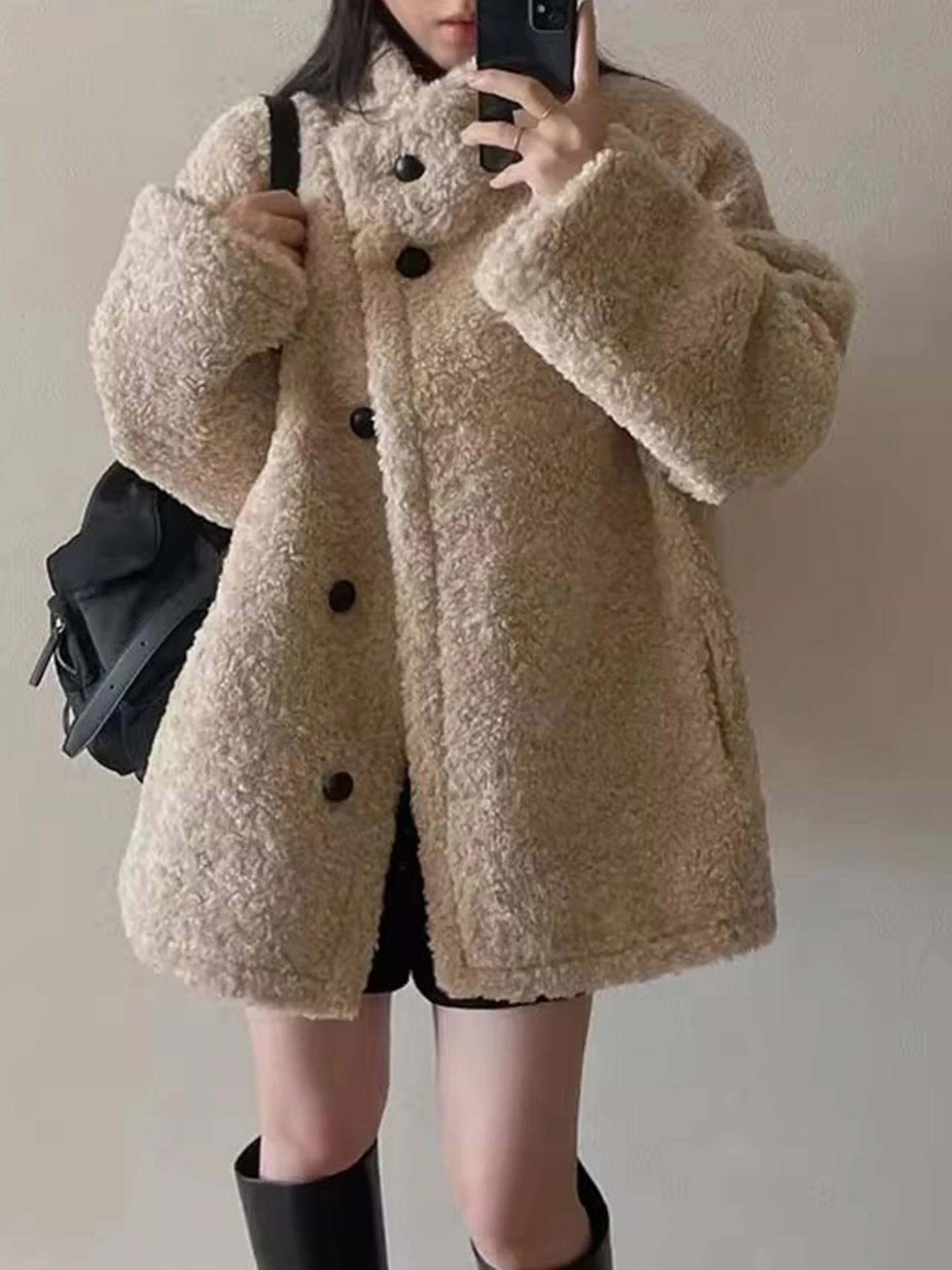 

Lamb Fur Jaet Women's Loose Fit Stand Collar Color Outerwear Vintage Sle Winter New Arrival Korean Faion