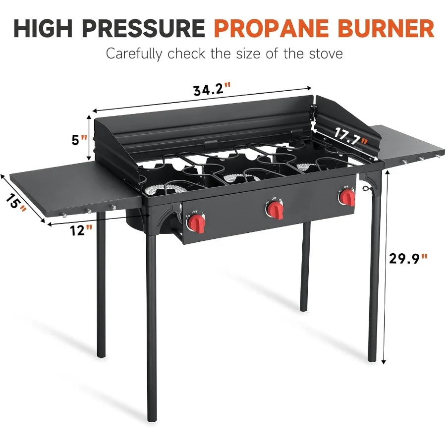 Brûleur de Propane à 3 brûleurs, 225 000 BTU, poêle à Propane haute pression avec pare-brise et étagères latérales pour la cuisine en plein air, Camping Ba
