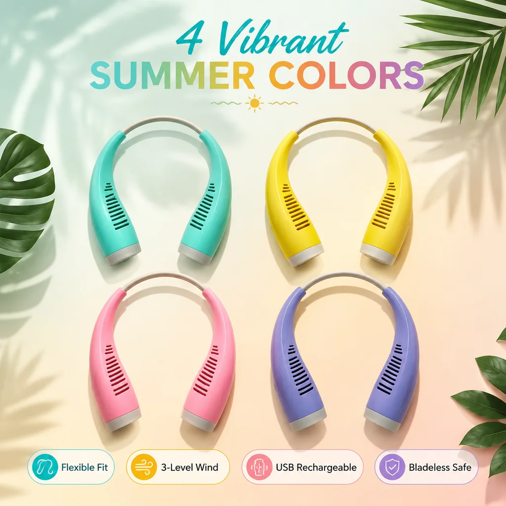 Compact Ergonomic Neck Fan Bladeless 3 Speed USB Rechargeable Flexible Neckband Cooler Travel