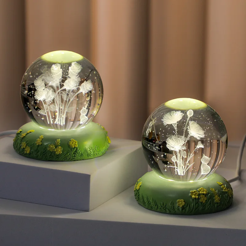 6/8cm Rose-colored Kitten Fresh Pastoral Style Resin Crafts 3d Crystal Ball Carved Glass Ball Night Light Atmosphere Light