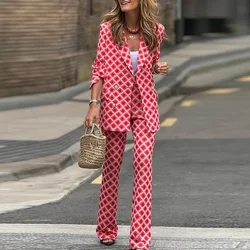 Women Autumn winter Checkered Suit Jacket Set Women Elegant Printed Red Office Two Piece Set Button Jackets&Straight Pants Neww