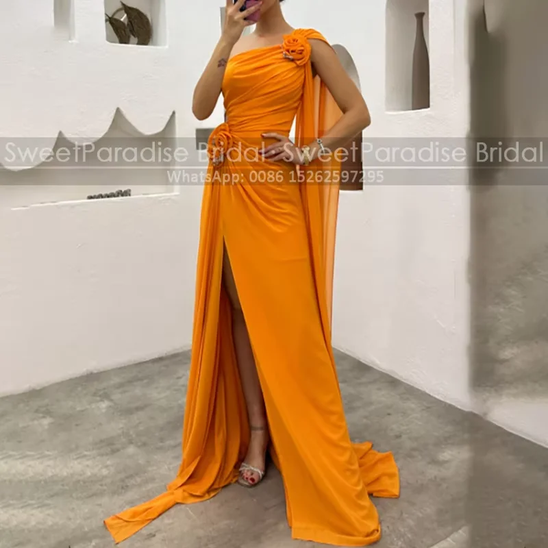 

Side Split One Shoulder Evening Dress Flowers Long Customized One Shoulder Orange Chiffon Pleat Sheath Prom Dresses Party