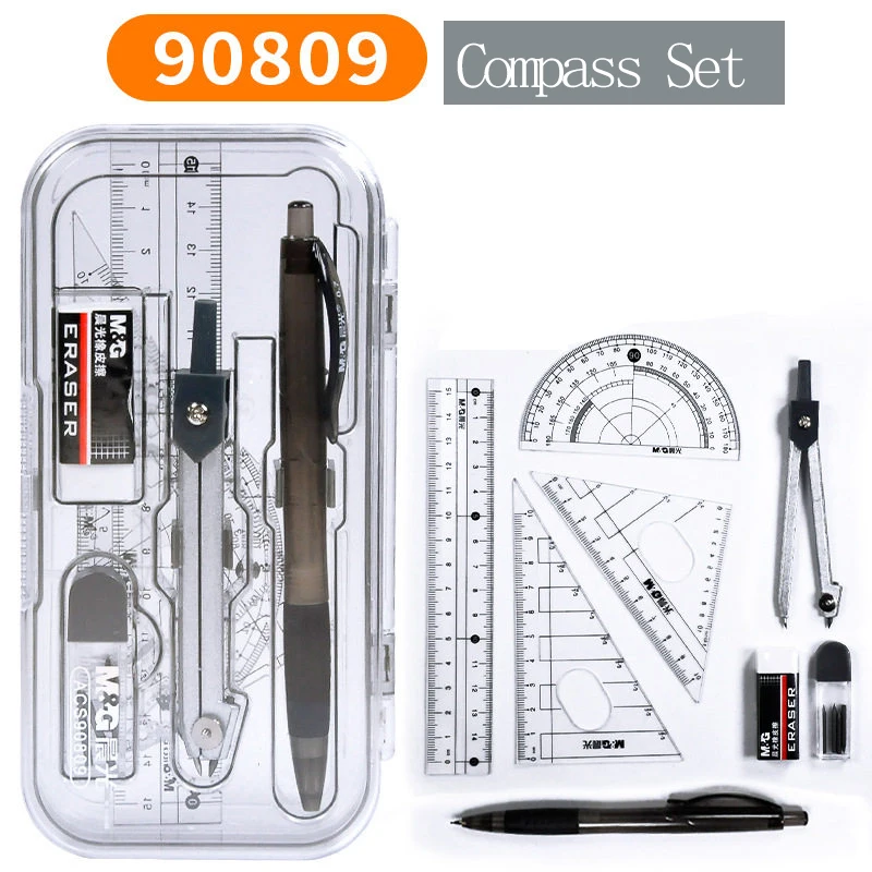 

Набор для черчения M&G: циркуль, линейка, треугольник, транспортир, ластик, карандаш для рисования, экзаменов и учебы