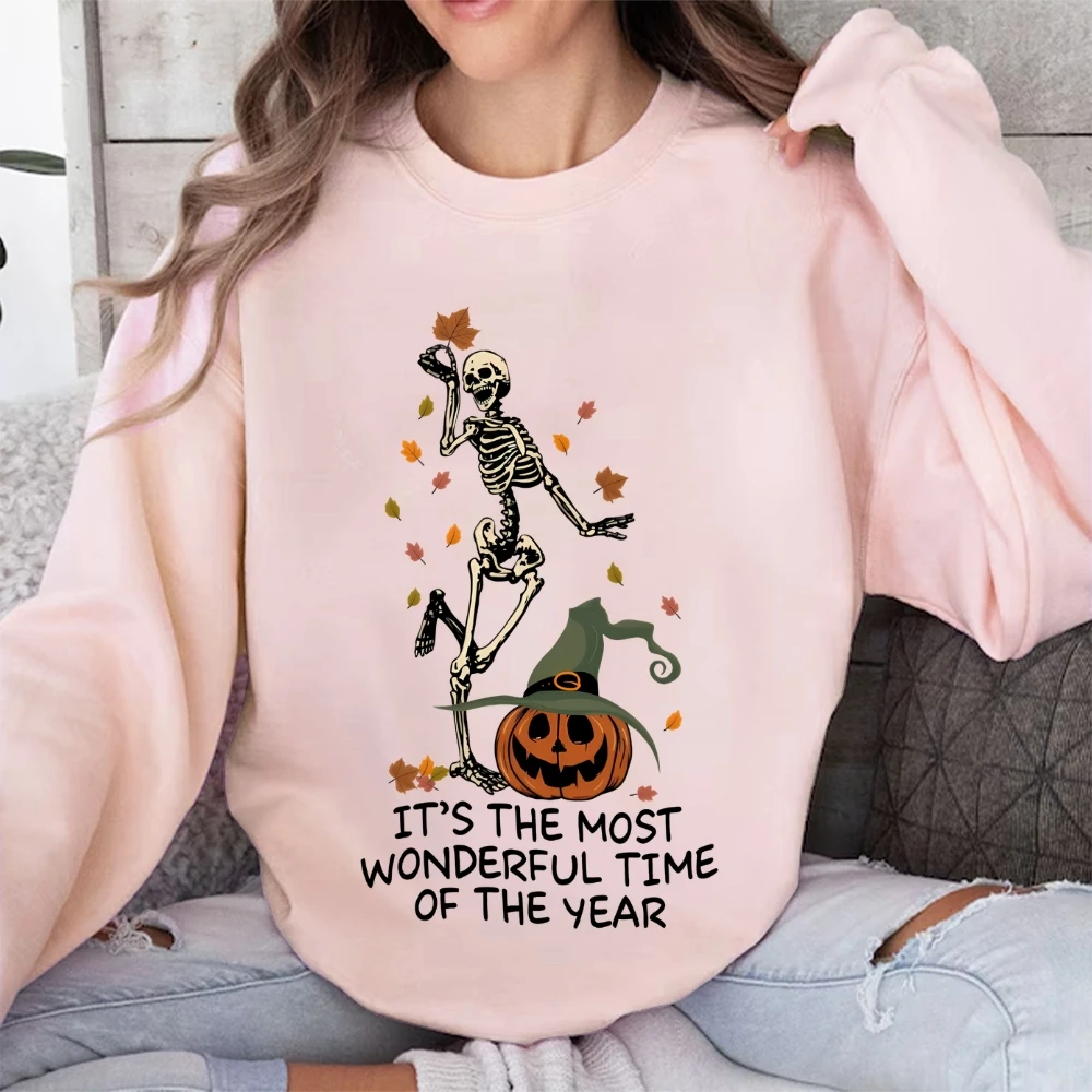 Pumpkin Dancing Skeleton Maple Leaf Halloween Long Sleeve Top Its The Most Wonderful Time Sweatshirt Womens Halloween Pullovers