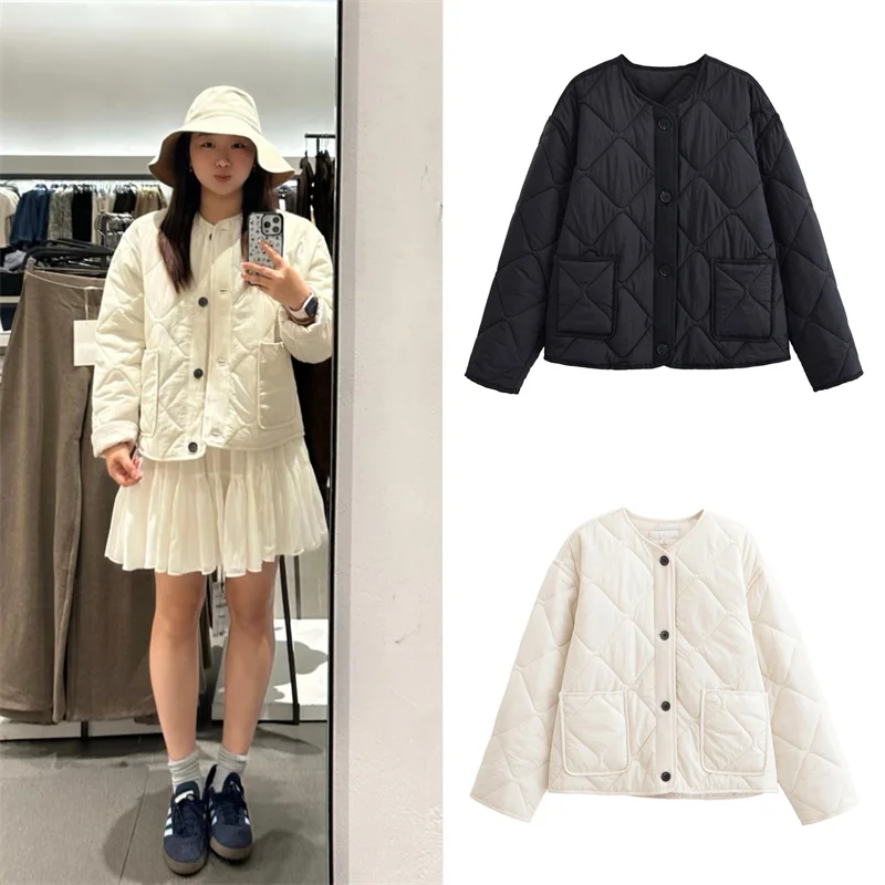 

Женское пальто, осень 2024, новый стиль, однотонная хлопковая куртка с длинным рукавом и ромбовидным узором, украшение в виде кармана, повседневная мода