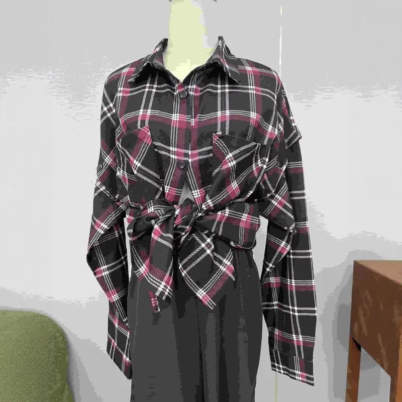 Kemeja Jaket Blus Musim Semi Wanita Kotak-kotak Lengan Pendek Saku Retro Mewah Chic Trendi Minimalis Modis Nyaman