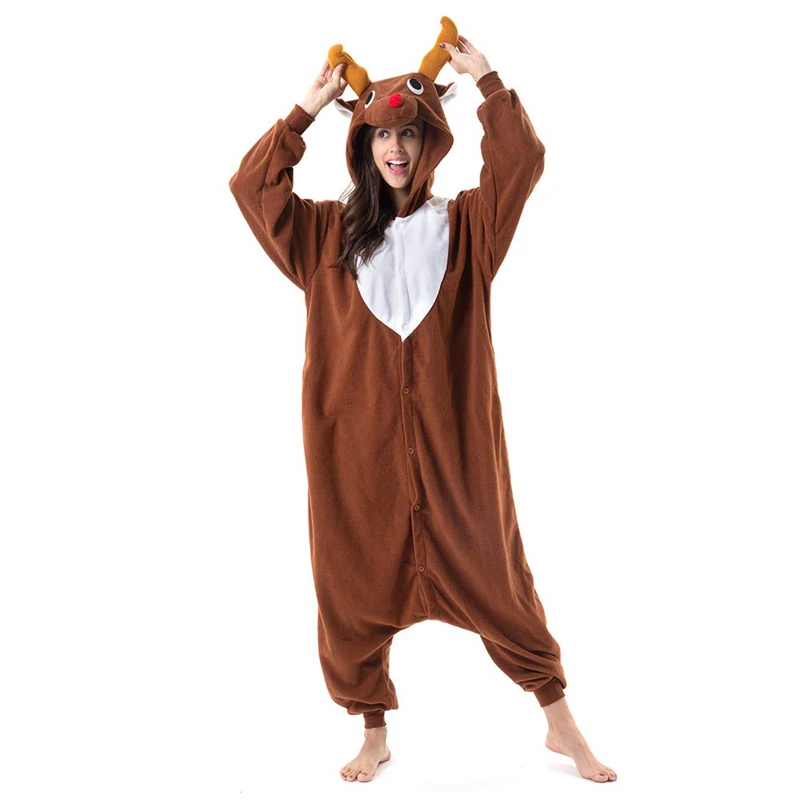 Christmas Deer Dark Brown Halloween Onesie Animal Kigurumi Pajamas Adult One-Piece Pijama Winter Cartoon Jumpsuit Sleepwear