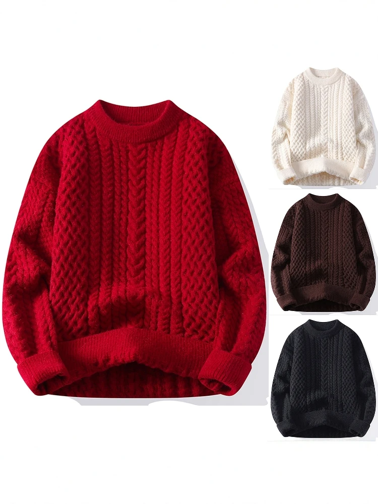 

Red Knitted Sweater Men's Casual Sle Thiened Autumn Winter Loose Fit Cisas Couple Outerwear Soft Polyester Fiber