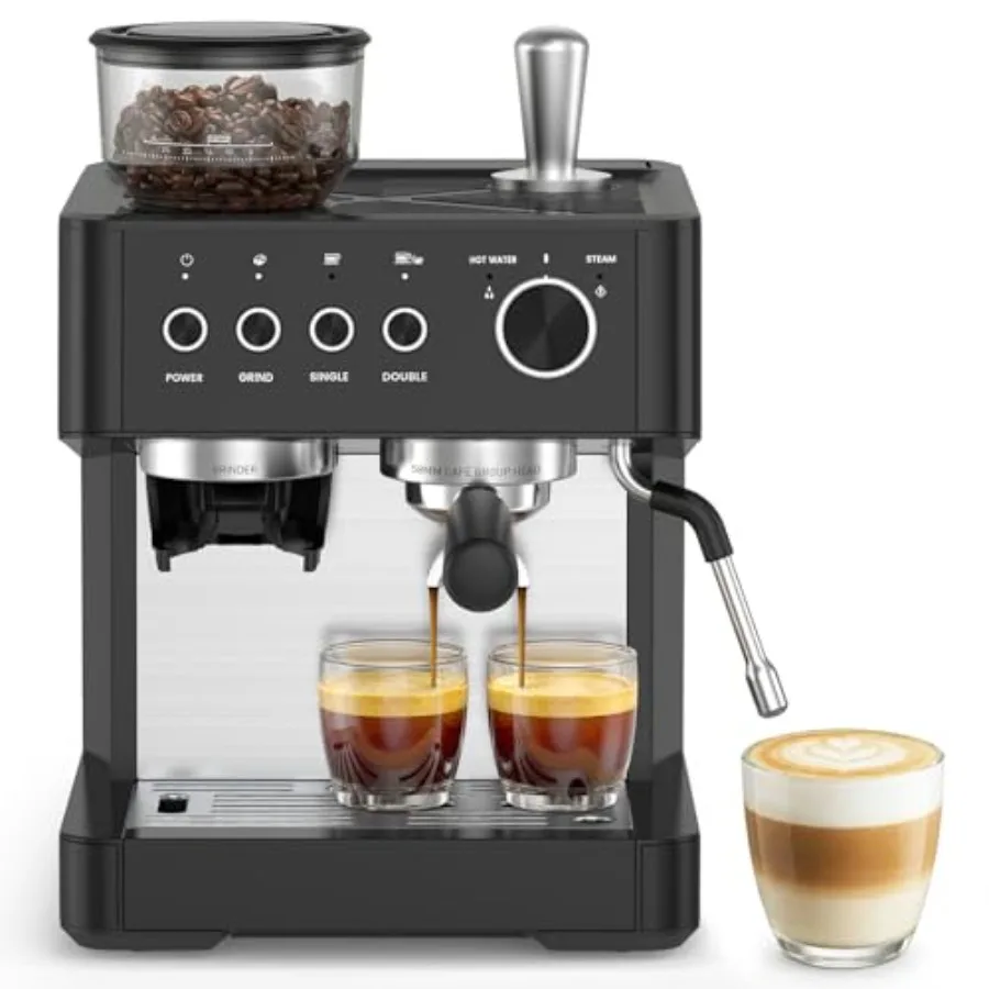 

Кофемашина эспрессо 20 бар с кофемолкой для капучино и латте, из нержавеющей стали, черная, со встроенным вспенивателем молока/паровой трубкой, инструменты для темперовки кофе