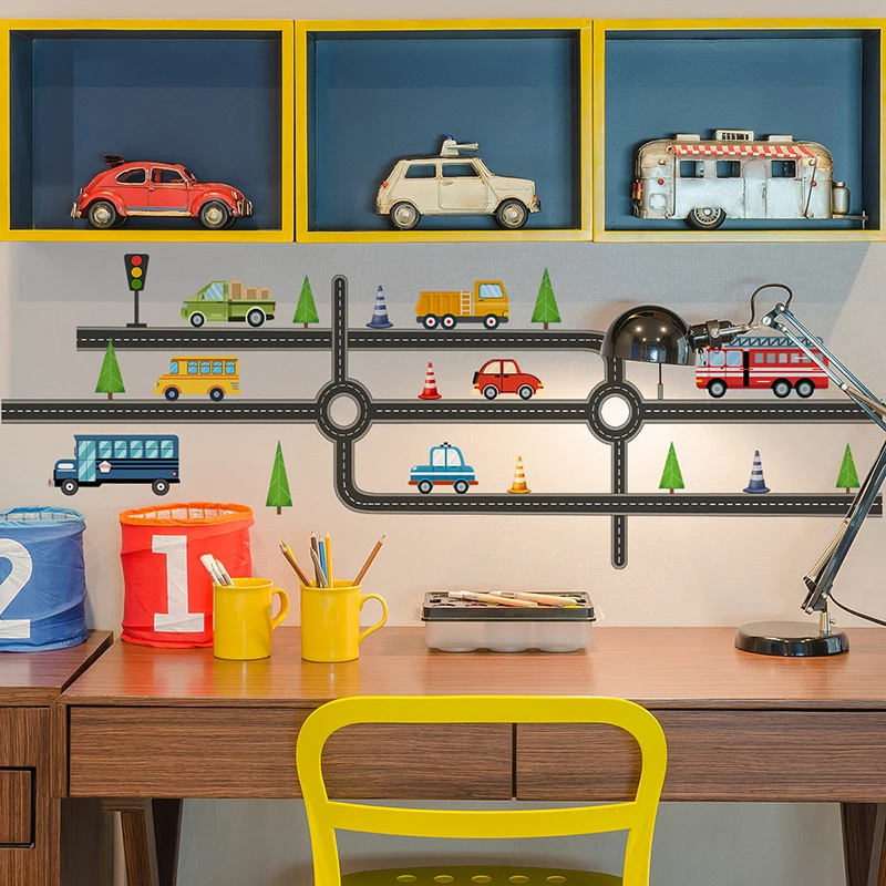 Cartoon Highway Track Fire Trucks School Buses Construction Vehicles Car Wall Sticker for Kids Room Baby Room Nursery Wall Decor