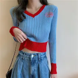 Autumn Winter 2024 New Fashion Slim Patchwork V-neck Long Sleeve Sweater Female Trend All-match Knitting Top Tee Femme Pullovers