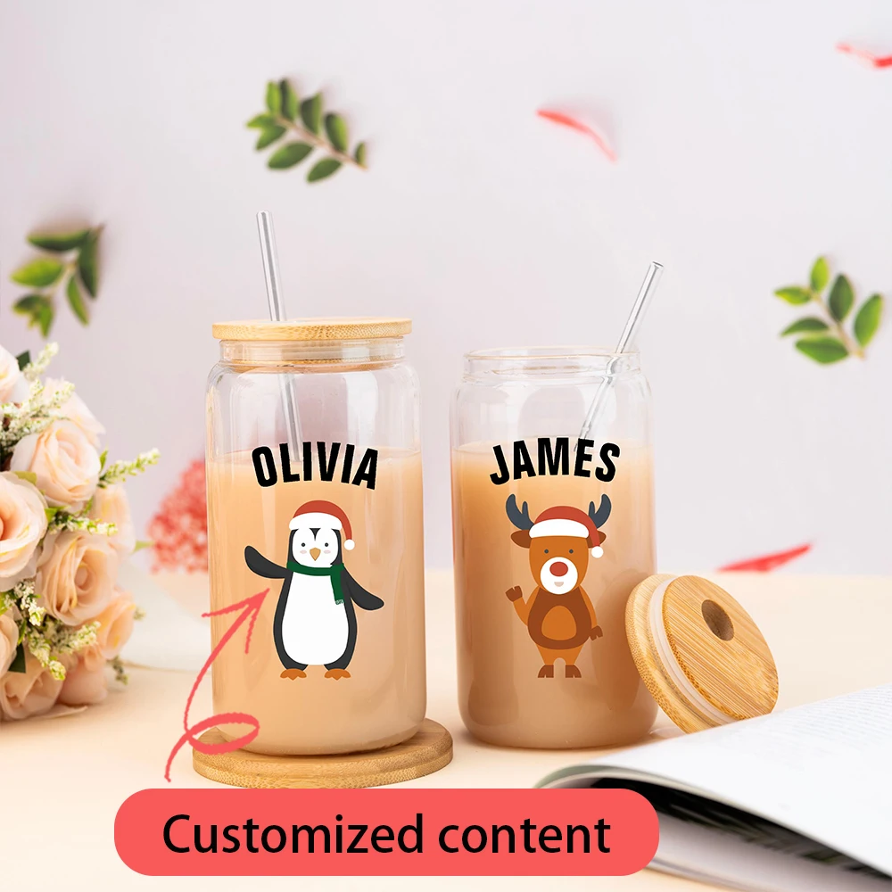 Christmas Customized Drinking Glass Coffee Water Juice Bottle Portable Clear Cup with Lid Straw Brush Holiday Gifts