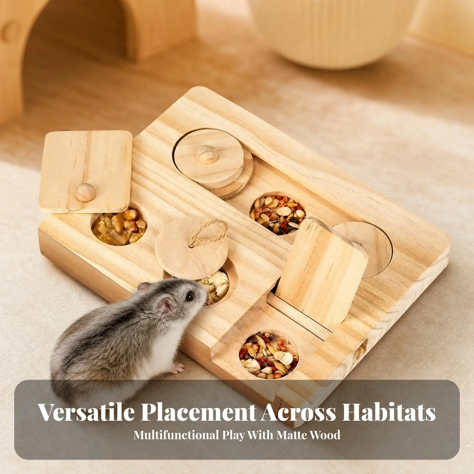 Small Pet Hamster Treat Puzzle Feeder Wooden Hide and Seek Tray for Cage Playtime Enrichment Toy