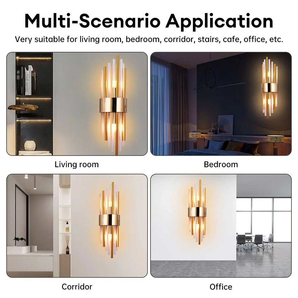 

Crystal LED Wall Lamp Modern Gold Wall Sconces Indoor Lighting Stainless Steel Wall Light for Living Room Bedroom Decor