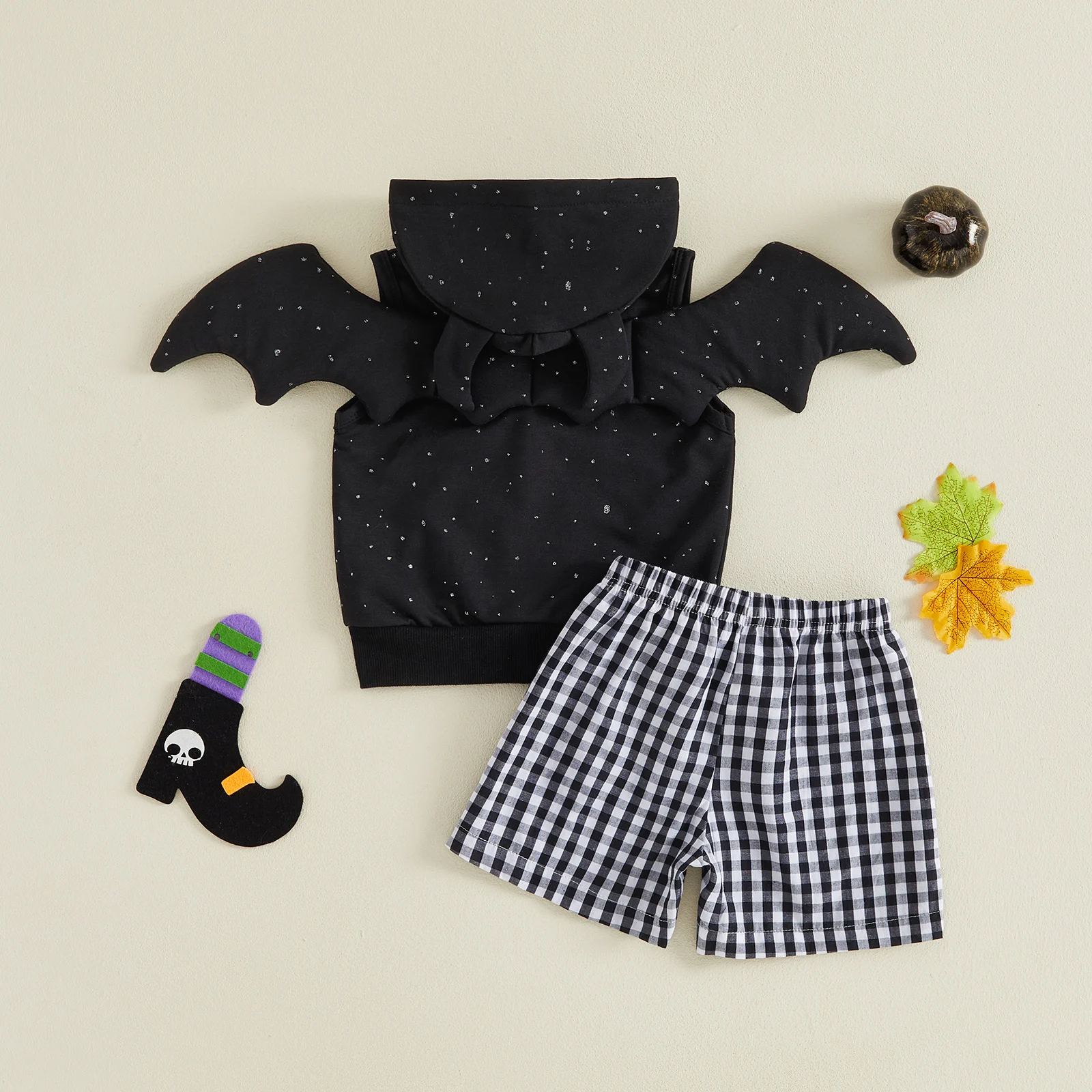 1-5Years Toddler Boy Halloween Outfits Sleeveless Hood Zip Tank Tops with Bat Wing and Plaid Print Shorts 2 Piece Set