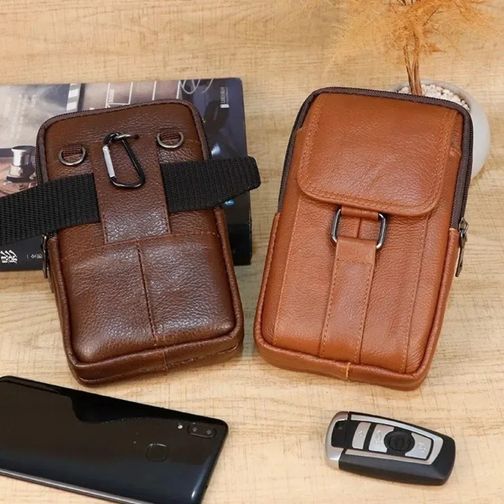

Portable PU Leather Men's Waist Bag Large Capacity Wear Belt Chest Bag Multi Layer Mobile Phone Waist Bag Men