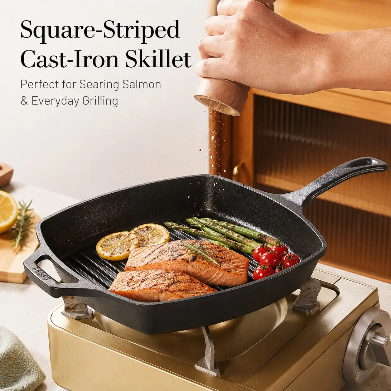 1PC Black Square Striped Steak Pan,Thick Cast Iron Skillet With Auxiliary Handle, Multi-Function Induction Grill Pan, Compatible With All Stoves, Easy Clean, Portable Camping Griddle Pan For Outdoor Cooking, Family Gatherings & Restaurant Use