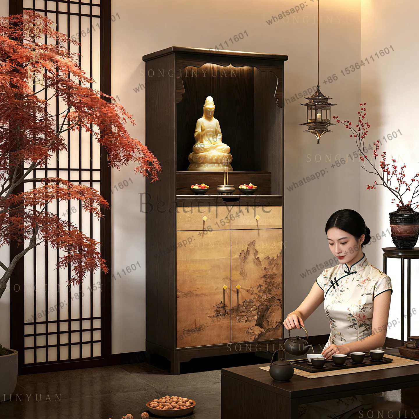 LX new Chinese-style solid wood Buddhist niche stand cabinet offering table, shrine offering locker