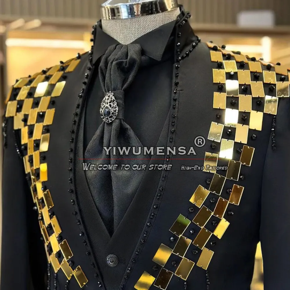 Handmade Gold Stone Beaded Suits Men For Wedding Bespoke Boyfriend Marry Party Groom Tuxedos Formal Banquet Business Blazers Set