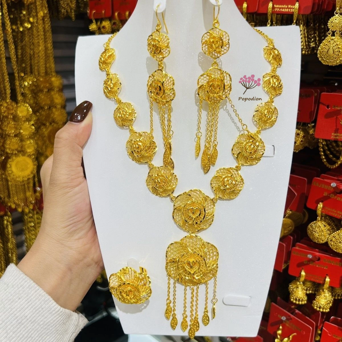 

2024 Popodion Dubai New 24K Gold Plated Necklace Earring Ring Women's Wedding Party Jewelry Set DD10331