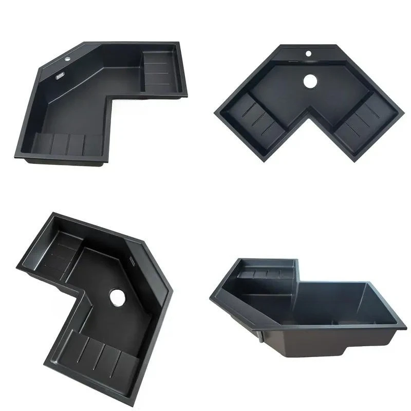 Modern Handmade Quartz Three Bowl Kitchen Sink Multifunctional Corner Vegetable Washbasin Black Countertop Basin