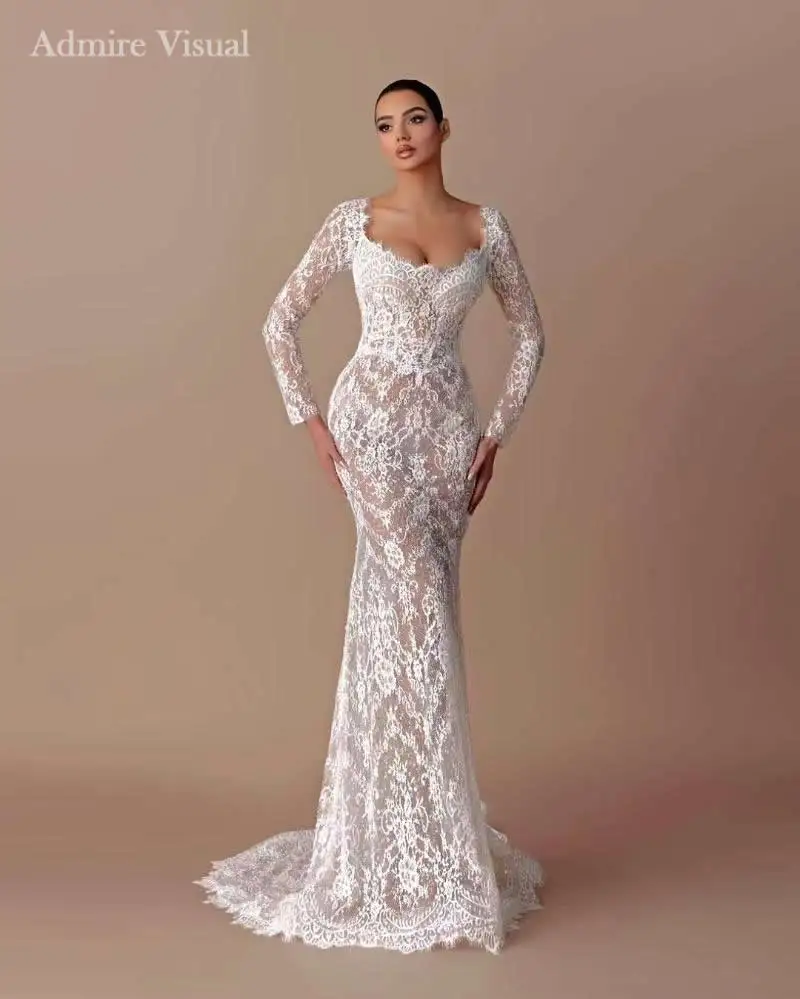 

New Arrive Wedding Dress Mermaid Lace Scoop Neckline Full Sleeves With Long Open Back Customized Bride Gowns Vestidos De Novias