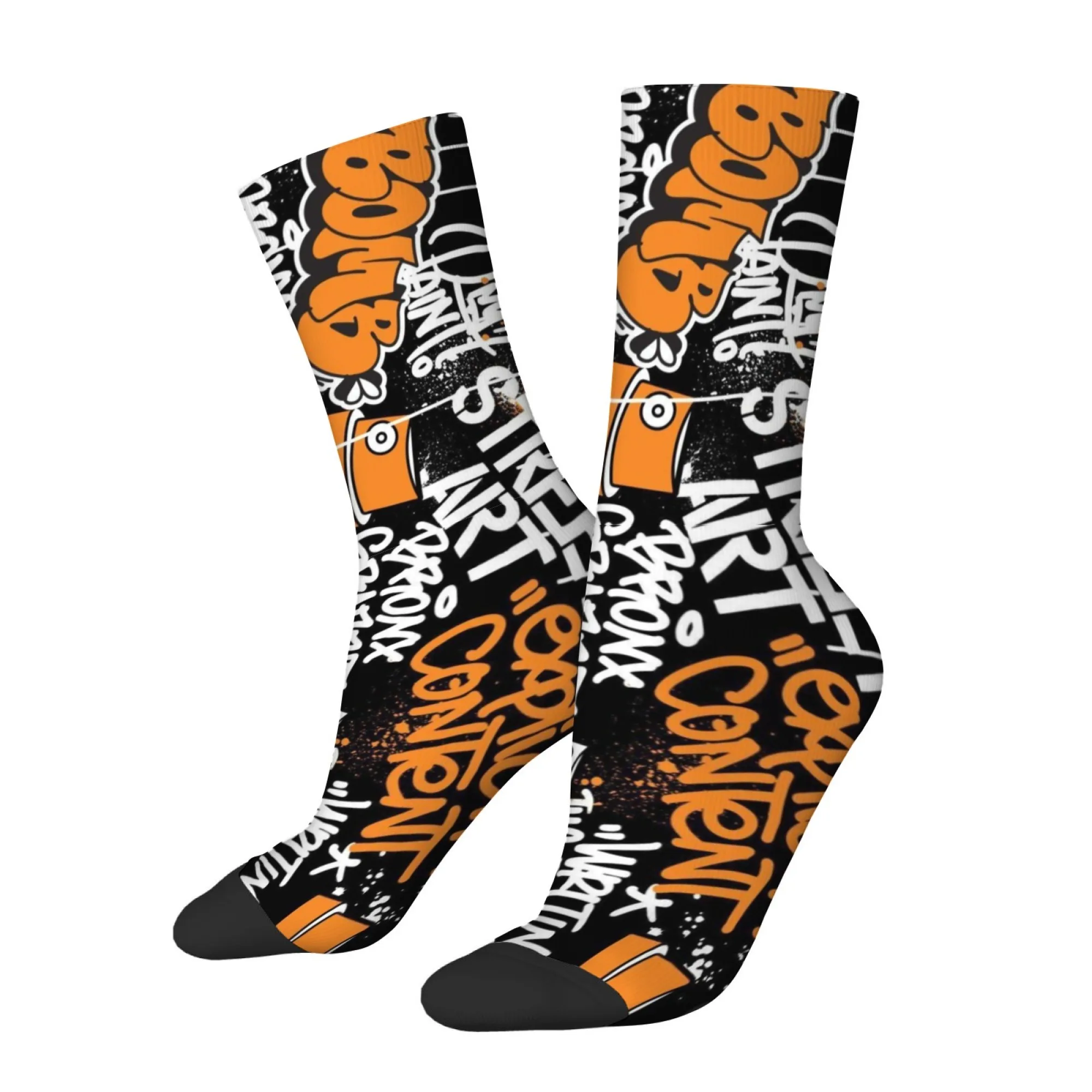 Street Style Orange Black Graffiti Cool Print Men's Mid-calf Socks High-saturation Rebellious Style for Nighttime Parties
