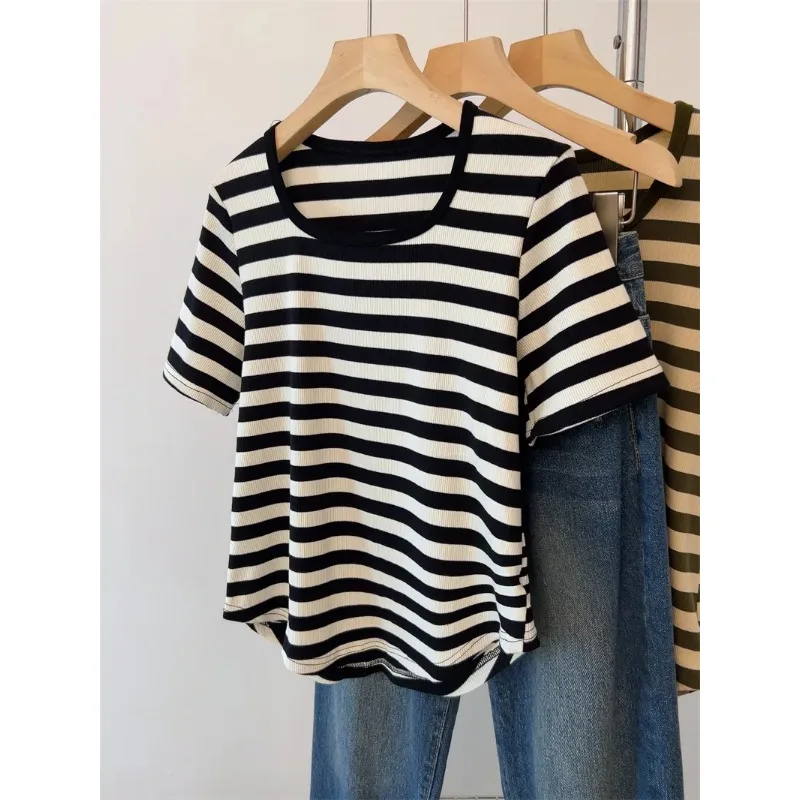 Summer Women's Striped T-shirt Ribbed Knit Square Neck Casual Short Sleeve Top