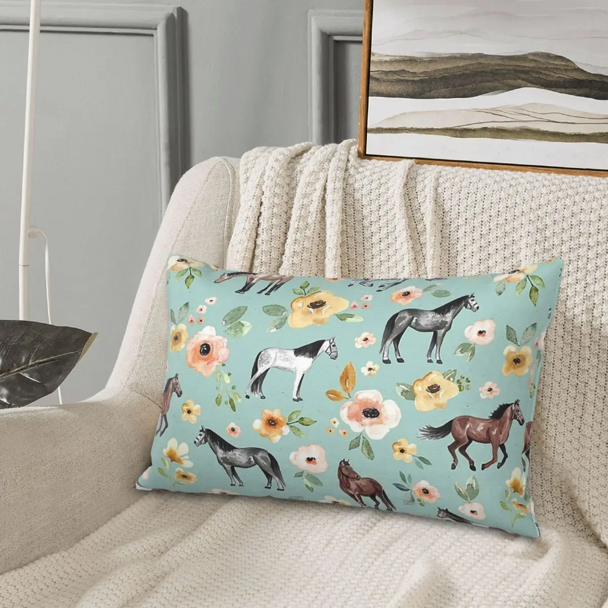 

Лошади с цветами, восход солнца с цветочным рисунком, синяя прямоугольная наволочка, декоративная наволочка для спальни, кровати, домашняя комфортная декоративная подушка