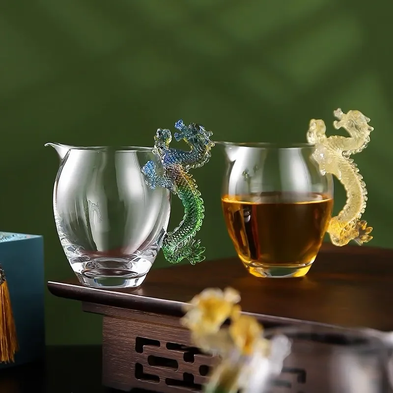 Japanese Style Glass Fair Cup with Dragon Handle Heat Resistant Thickened Transparent Tea Dispenser for Kung Fu Tea Ceremony