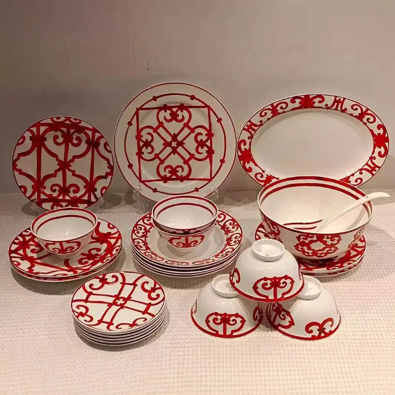 

28-Head Chinese Red Bone China Bowls, Plates, Tableware Set Gift Box