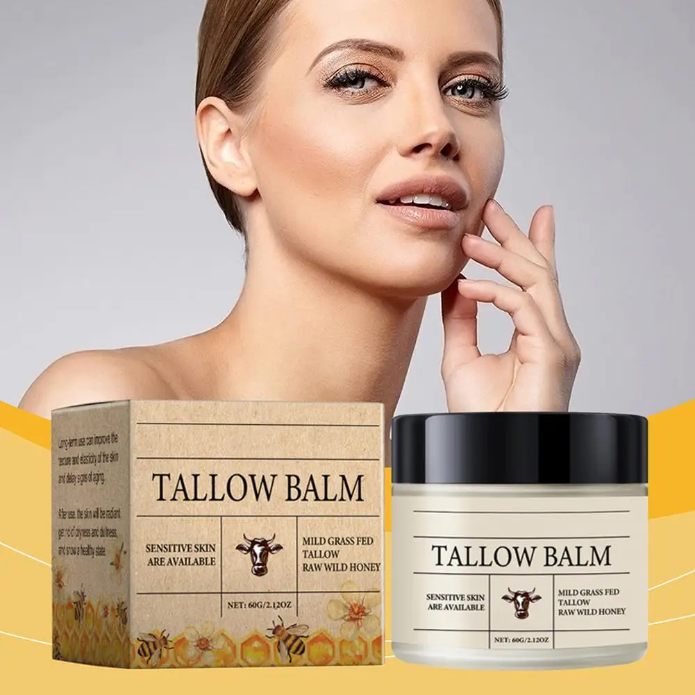 60g batido Tallow de ternera y bálsamo de miel crema facial hidratante Tallow de ternera loción corporal hierba alimentada crema facial terminada cuidado