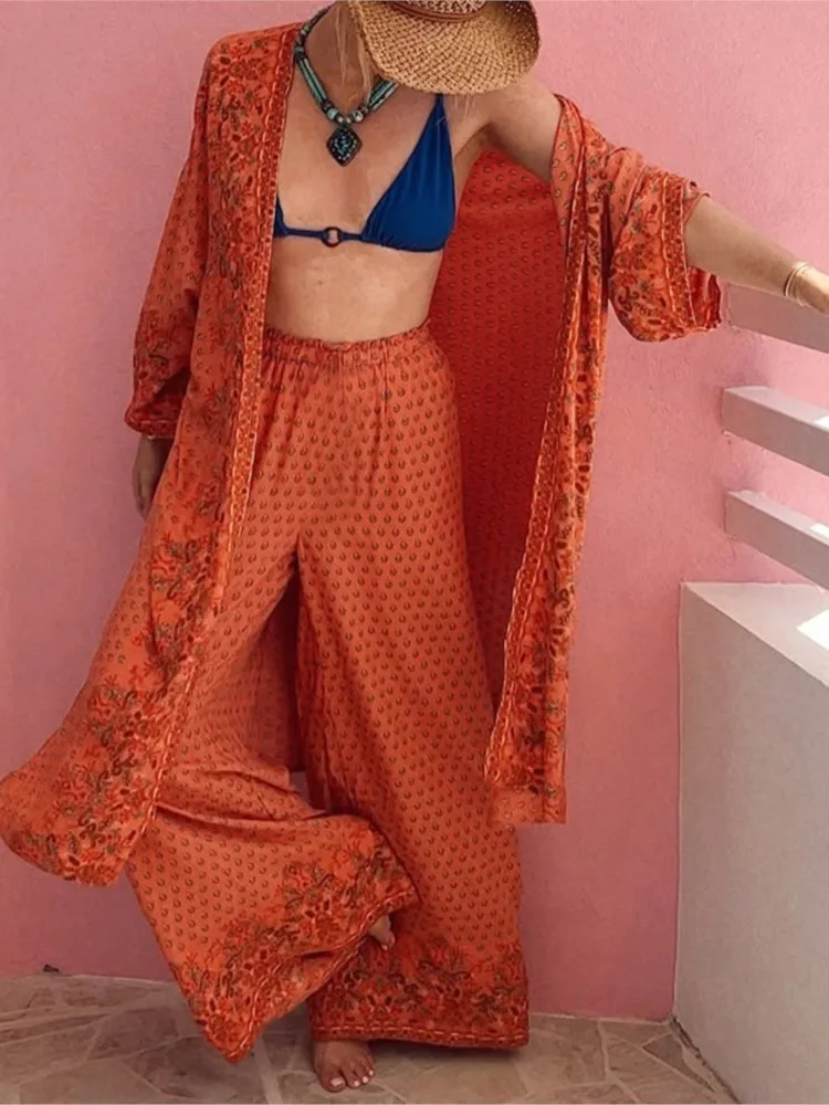 

Fashion Printed Long Sleeved Cardigan+long Pants Two-piece Set For Spring Summer New Women's Loose Wide Leg Pants Set