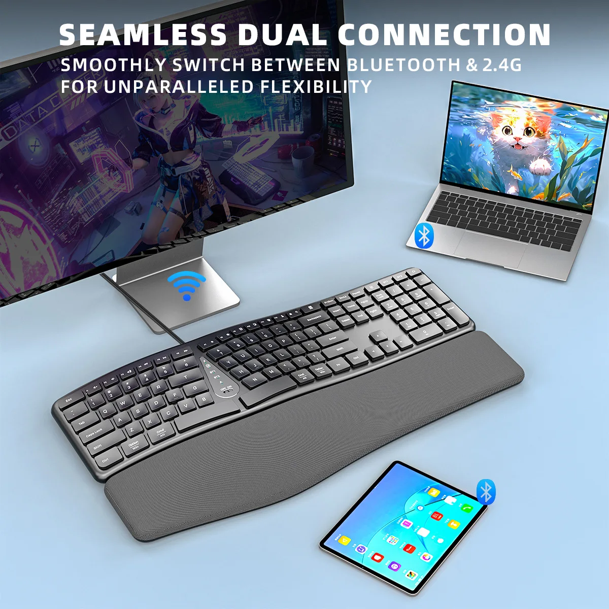 Ergonomic Keyboard Rechargeable Soft Hand Rest Curved Design Membrane Keyboard 2.4G Bluetooth Dual-mode Wide Compatible
