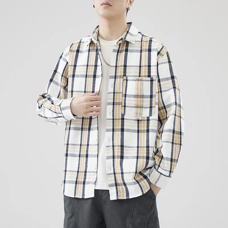 

Spring and autumn new fashion men retro simple plaid shirt with loose cargo casual shirt coat