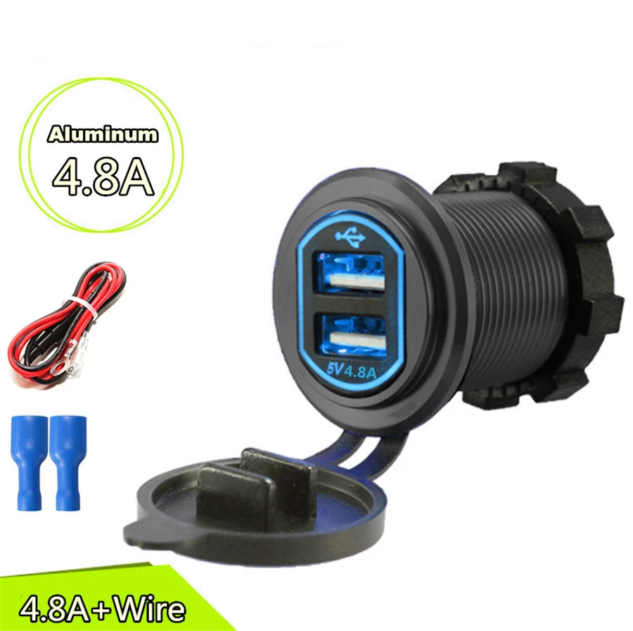

Aluminum Dual USB LED Quick Charger Socket Power Outlet 2.4A & 2.4A (4.8A) with Wire In-line 10A Fuse for Car Boat Marine Truck