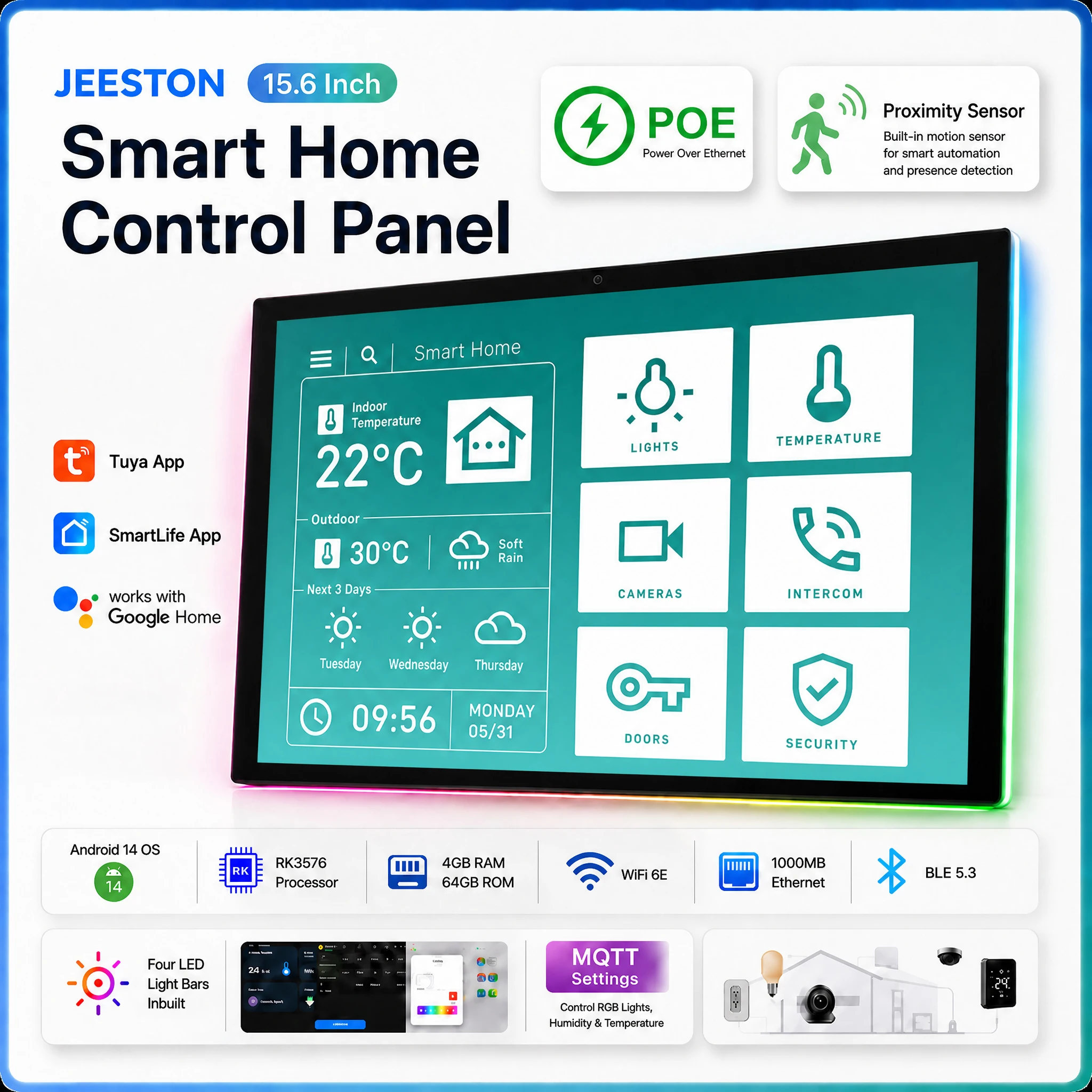 15.6 Inch Android 14 Smart Home Tablet 4G+64G Home Assistant Panel,  4-Side Light Bar, Built-in Temperature & Proximity Sensor