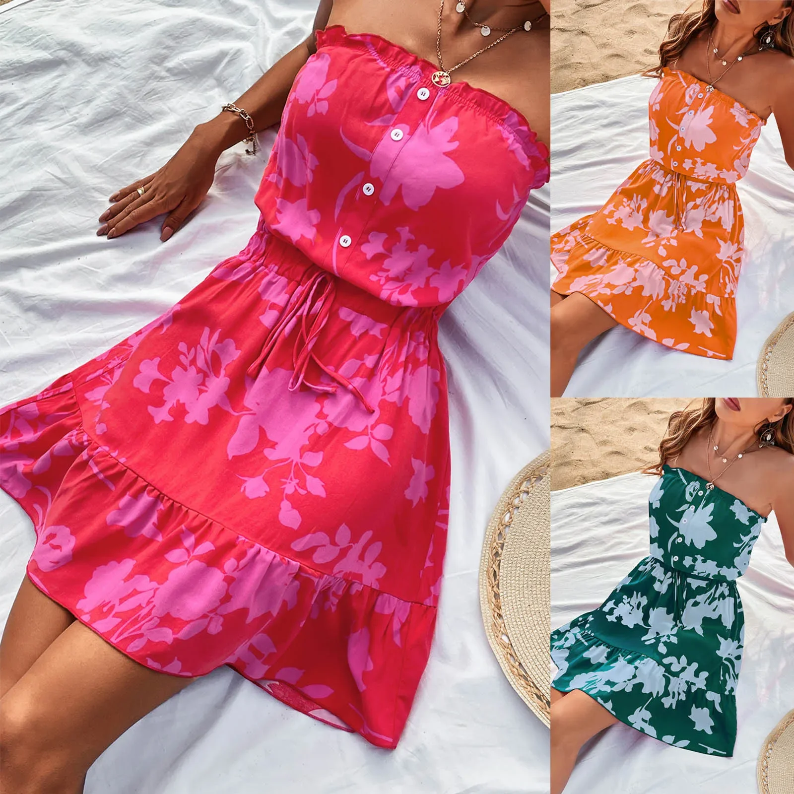 Gran oferta, bonito y barato, vestido de flores sin tirantes para mujer, elegante vestido veraniego ahumado para playa de verano, vestido superior para niñas, bata para mujer